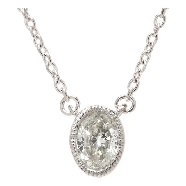 Oval .22ctw Diamond Bezel Pendant Necklace, 10k White Gold, Length 18.5 In For Sale