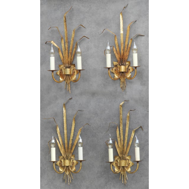 Spanish Gilt Ferrocolor Tole Wheat Sheaf Wall Sconces, 1950, Set of 2 For Sale - Image 11 of 11