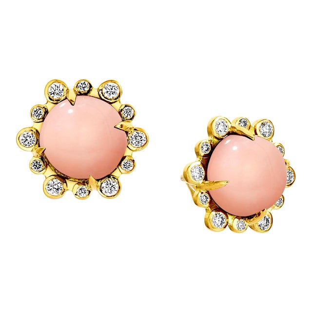 Syna Yellow Gold Pink Opal Earrings with Diamonds, a Pair For Sale