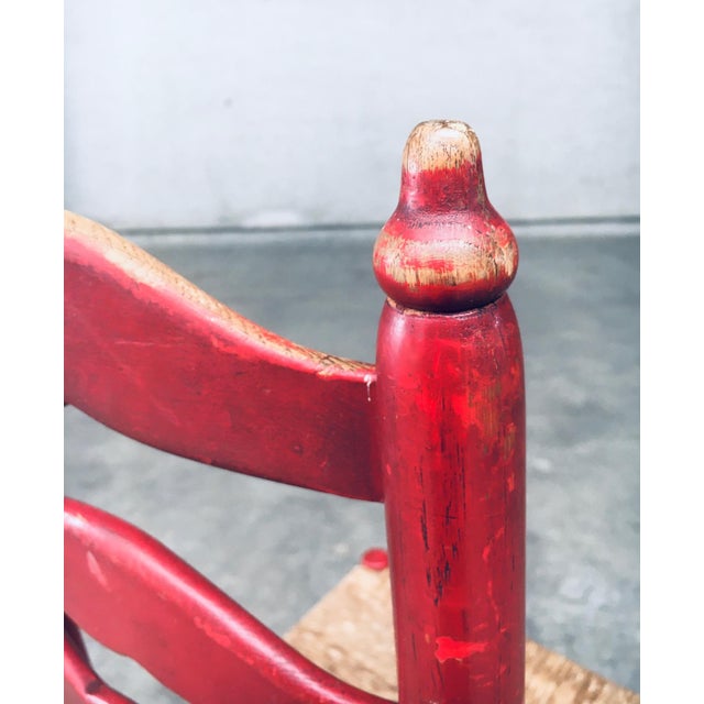 Set of Rustic Red High Ladder Back Wood & Rush Chair Set, 1930s For Sale - Image 4 of 18