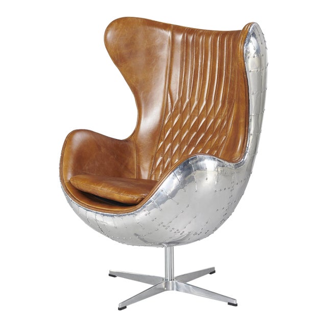 Cruz Modern Egg Chair - Brown Leather and Metal Spitfire Shell For Sale