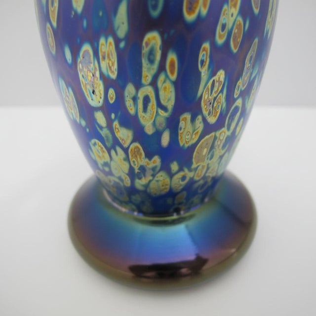 Blue Donald Carlson Iridescent Blue Splatter Studio Art Glass Trumpet Vase For Sale - Image 8 of 11
