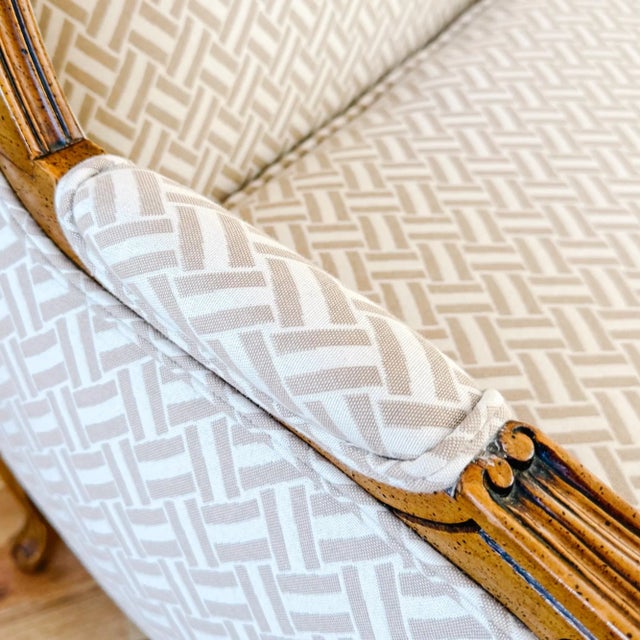 French Provincial Wingback Chairs With Geometric Upholstery Attributed to Baker - A Pair For Sale - Image 13 of 18