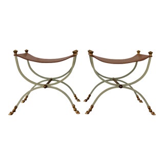 Neoclassical Regency Brass and Leather Maison Jansen Stools - a Pair For Sale