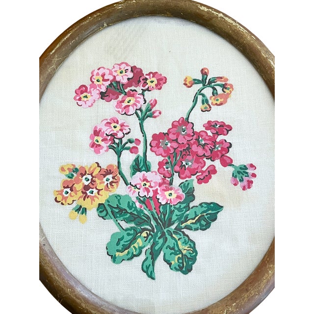Charming hand-painted study of blooming pink and coral geraniums rendered on linen with a delightfully naïve, cottage-...