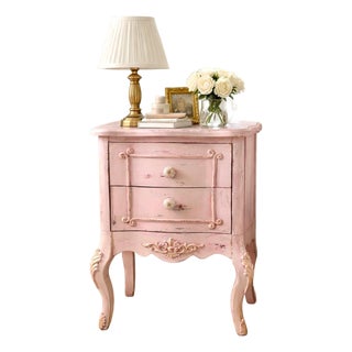Hand-Painted French Style Pink Nightstand With Paris Script | Shabby Chic Bedside Table For Sale