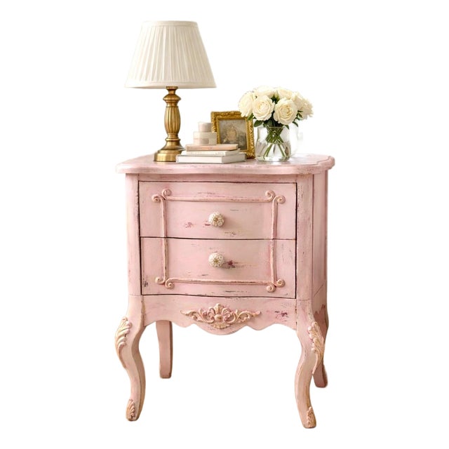 Hand-Painted French Style Pink Nightstand With Paris Script | Shabby Chic Bedside Table For Sale