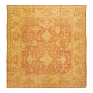 Modern Turkish Oushak Handmade Square Wool Rug With Orange-Rust Field For Sale