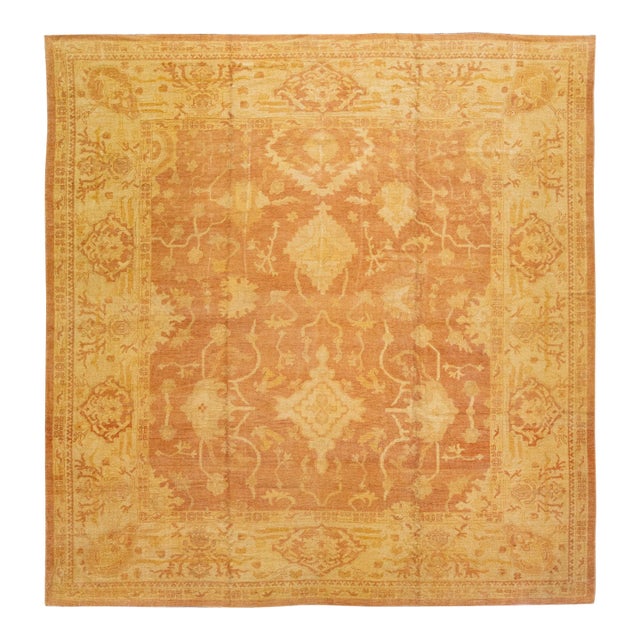 Modern Turkish Oushak Handmade Square Wool Rug With Orange-Rust Field For Sale