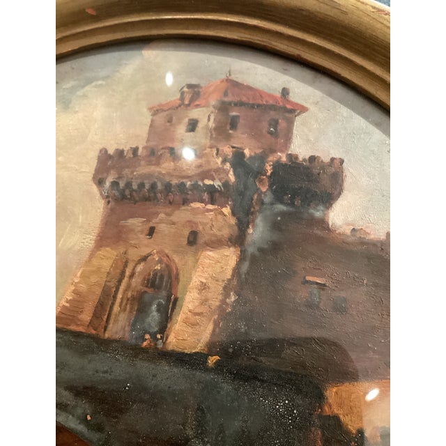 19th Century 19th Century Oil Painting on Board, Round Landscape - Bridge & Tower, Signed ‘Carla’ For Sale - Image 5 of 7