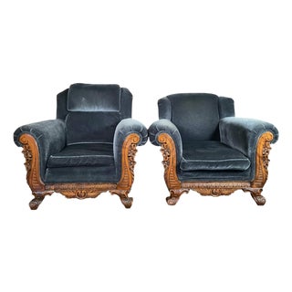 Late 19th Century Stunning Blue Velvet Empire Revival Accent Chairs (Pair) For Sale