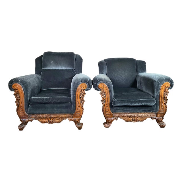 Late 19th Century Stunning Blue Velvet Empire Revival Accent Chairs (Pair) For Sale