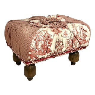 Vintage French Provincial Style Red Toile Foot Stool in the Style of Mackenzie Childs For Sale