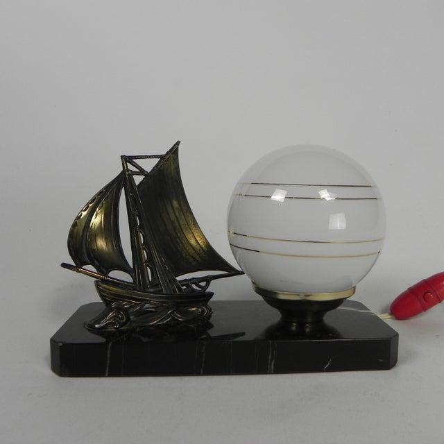 Art Deco Desk Lamp with Sailboat and Globe on Marble Base, 1930s For Sale - Image 4 of 16