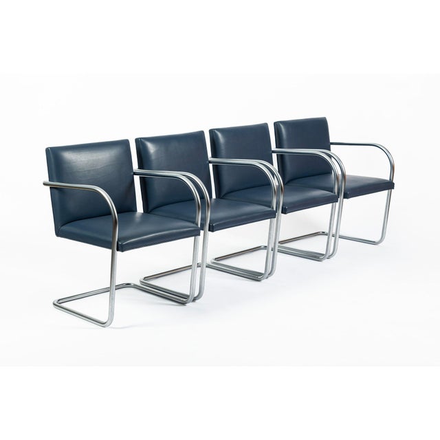 Mid-Century Modern Mid Century Modern Blue Leather Brno Arm Chairs by Mies Van Der Rohe for Knoll, Set of 4 For Sale - Image 3 of 16