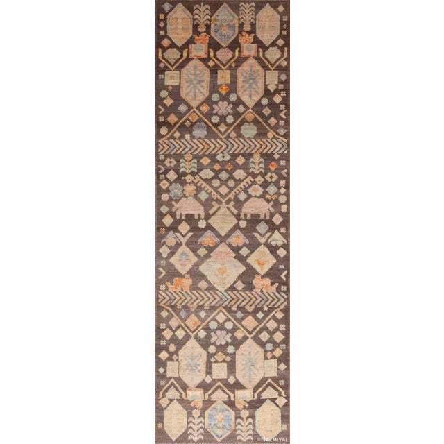Nazmiyal Collection Brown Background Tribal Animal Design Modern Runner Rug For Sale