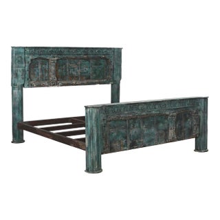 Complete King Size Bed Constructed From an Antique Painted Teakwood Gujarati Door and Pillars For Sale