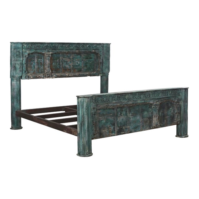 Complete King Size Bed Constructed From an Antique Painted Teakwood Gujarati Door and Pillars For Sale