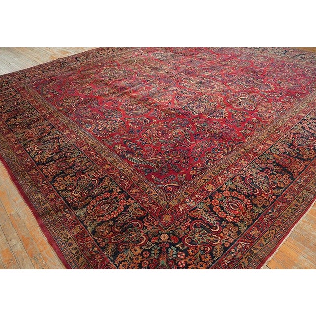 1920s Red Floral Antique Persian Sarouk Carpet 13' 8" X 14' Knotted Wool Rug For Sale - Image 4 of 11