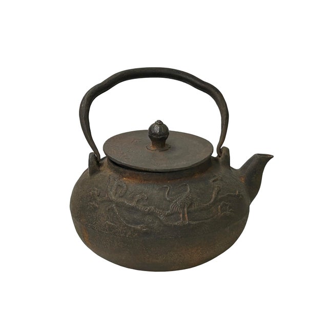 Vintage Rustic Mixed Iron Relief Cranes Motif Teapot Shape Display Art For Sale - Image 9 of 11