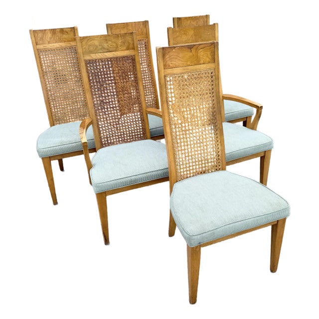 Mid Century Modern Burlwood Caneback Dining Chairs - Set of 6 For Sale