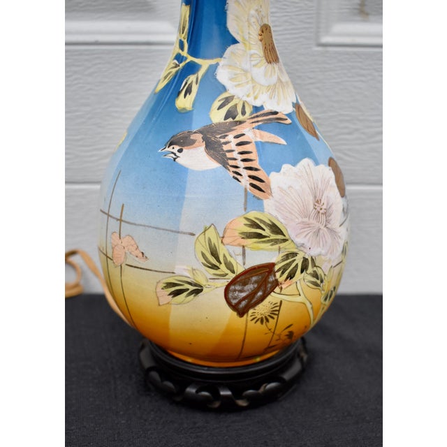Antique Japanese Satsuma Vase Lamp Meiji Painted Porcelain Gold Bird Flower For Sale - Image 15 of 17