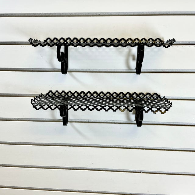 Metal 1960s Mid-Century Modern Boho Chic Pierced Metal Wall Mounted Shelves - A Pair For Sale - Image 7 of 16
