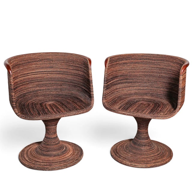 1950s Rare Pair of 1960s Rattan Swivel Armchairs, Wood Top For Sale - Image 5 of 6