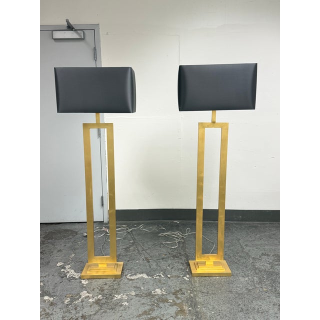 Design Plus Gallery presents a Pair of Clarke Open Brass Rectangle Floor Lamps from Restoration Hardware. Postmodern...