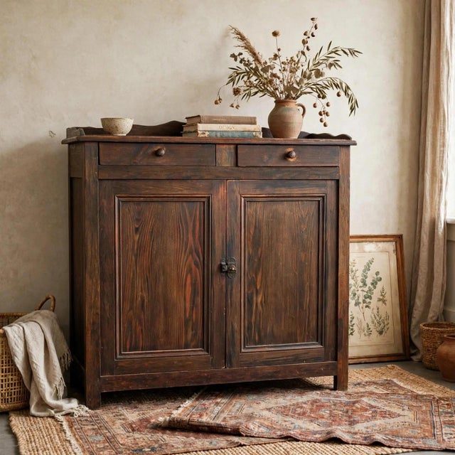 Wood Antique Rustic Pine Two-Door Cabinet With Drawers & Scalloped Gallery For Sale - Image 7 of 7