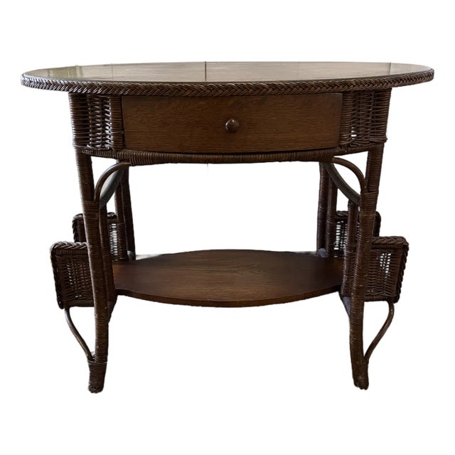 Vintage Haywood Wakefield Wicker and Oak Desk/Library Table With Drawer For Sale
