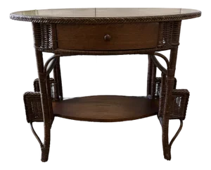 Vintage Haywood Wakefield Wicker and Oak Desk/Table With Drawer