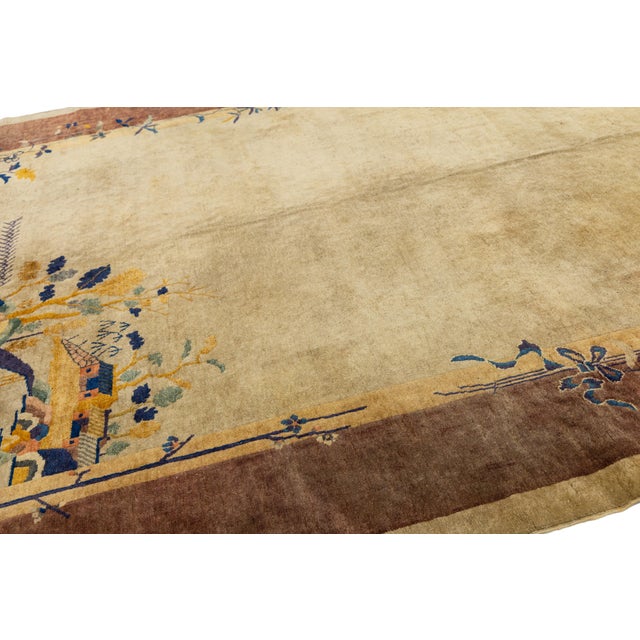 Bronze Chinese Art Deco Wool Rug Pagoda & Floral Design - Earthy Bronze & Gold Tones For Sale - Image 8 of 11