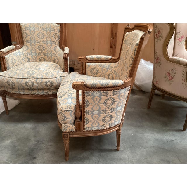 French Louis XVI Blue Bergères Arm Chairs For Sale - Image 4 of 10