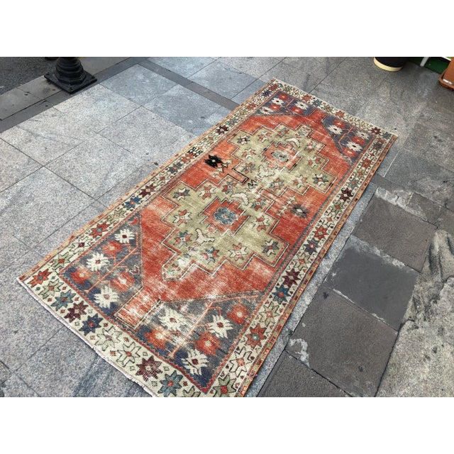 Orange Vintage Turkish Handmade Nomadic Rug- 3′5″ × 4′6″ For Sale - Image 8 of 11