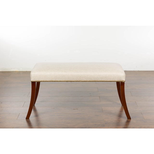 19th Century 19th Century English Regency Bench with Saber Legs and Custom Linen Upholstery For Sale - Image 5 of 12