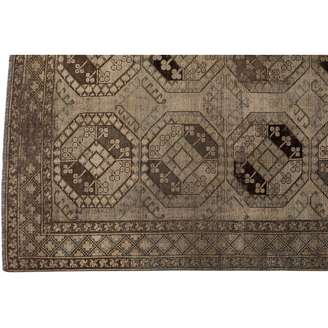 Persian 1930s Antique Handmade Persian Turkmen Wool Rug With Geometric Motif in Light Brown For Sale - Image 3 of 7