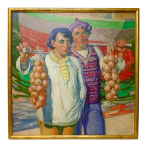 1950s "Breton Onion Sellers, No. 7", Original Oil Painting on Canvas, Framed