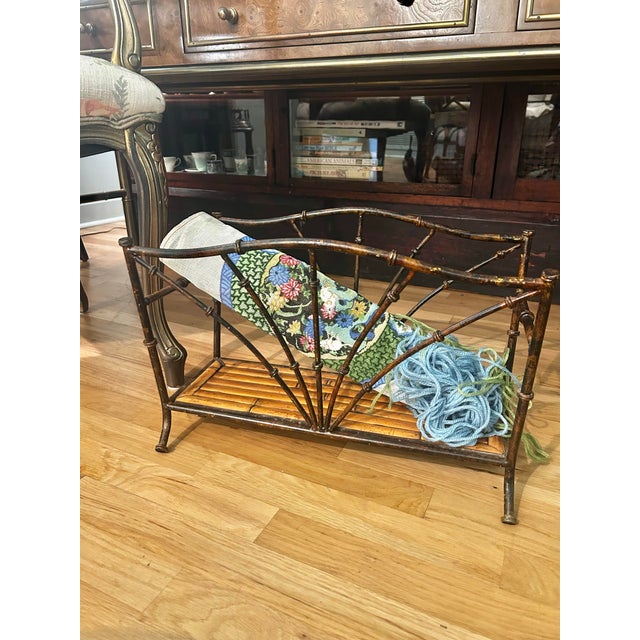Chinoiserie Vintage Faux Tortoise Bamboo Metal & Bamboo Chinoiserie Magazine Rack For Sale - Image 3 of 9