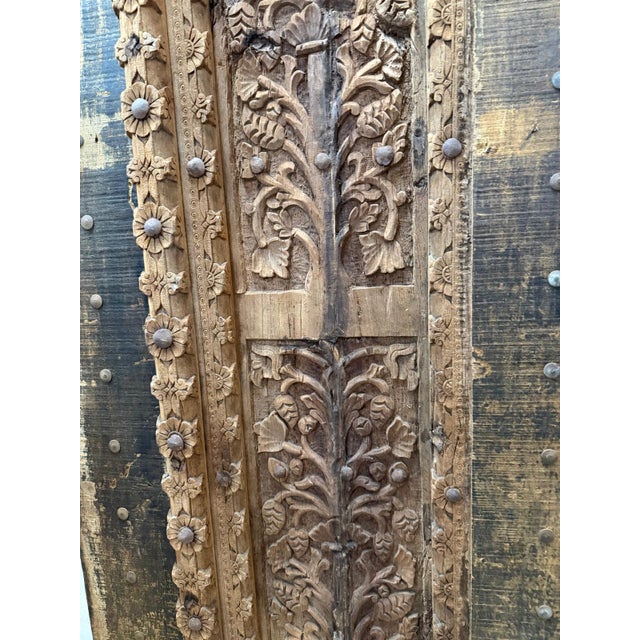 Brown Antique Indian Teak Wood Door Panel With Hand-Carved Tree of Life For Sale - Image 8 of 9