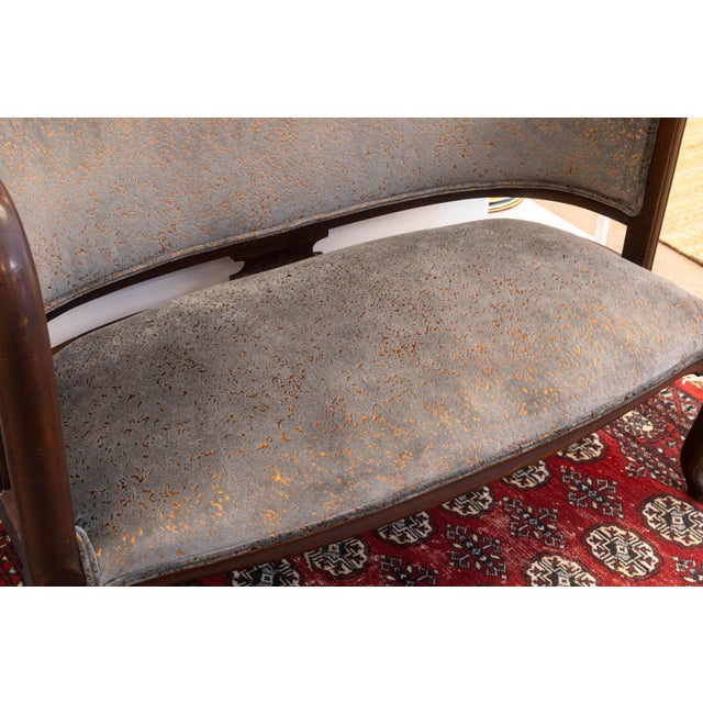 Vintage Curved Mahogany and Crushed Velvet Settee Bench For Sale - Image 4 of 7