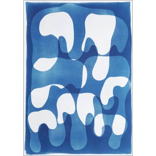 2025, Melting Curves, Abstract Floating Shapes in Blue Tones, MOnotype Cyanotype on Watercolor Paper by Kind of Cyan For Sale