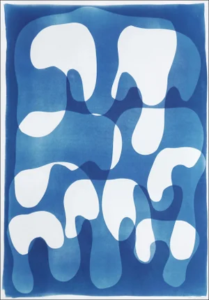 2025, Melting Curves, Abstract Floating Shapes in Blue Tones, MOnotype Cyanotype on Watercolor Paper by Kind of Cyan