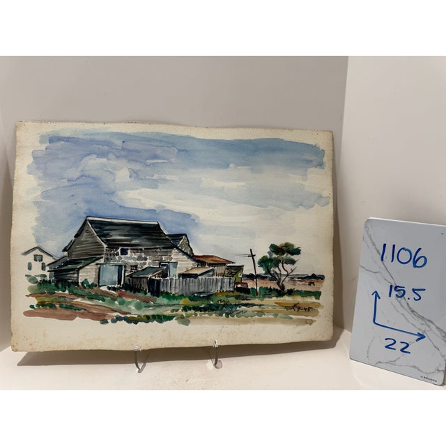 Paper Henry Emil Salloch Original Watercolor on Paper Rustic Rural Farmstead, 1945. For Sale - Image 7 of 7