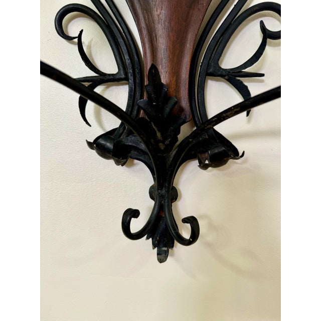 Ebony French Rococo Black Wrought Iron & Walnut Wood Double Candle Wall Sconce For Sale - Image 8 of 12