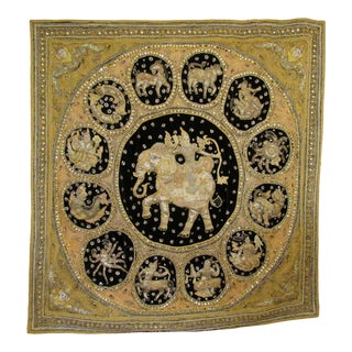 Vintage Burmese Kalaga Wall Hanging Tapestry With Elephant and Zodiac For Sale
