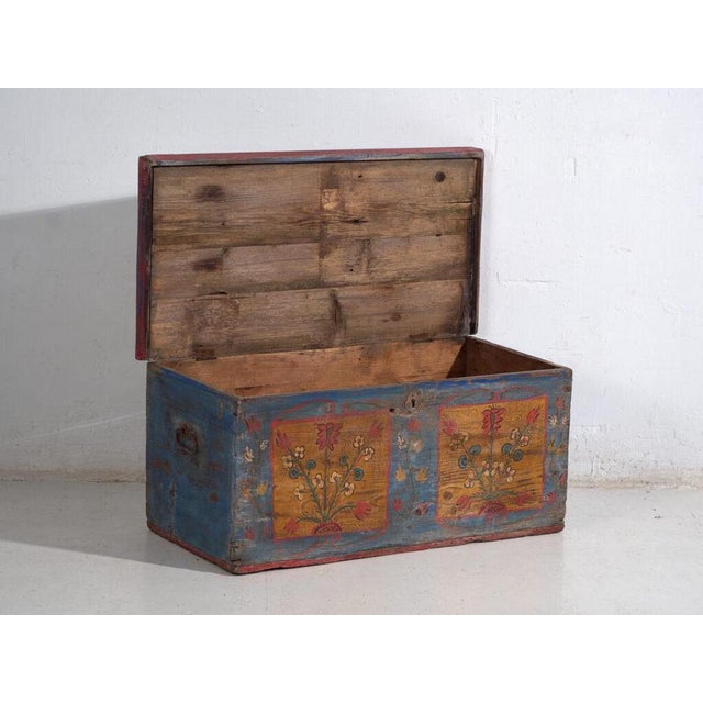 Antique Painted Folk Wood Trunk For Sale - Image 4 of 12
