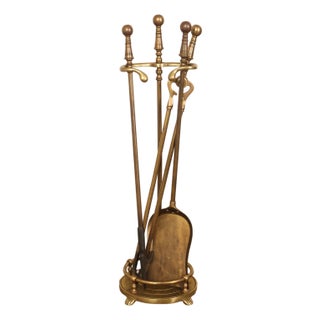 Traditional Brass Fireplace Four-Piece Tool Set For Sale