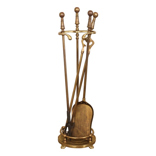 Traditional Brass Fireplace Four-Piece Tool Set For Sale