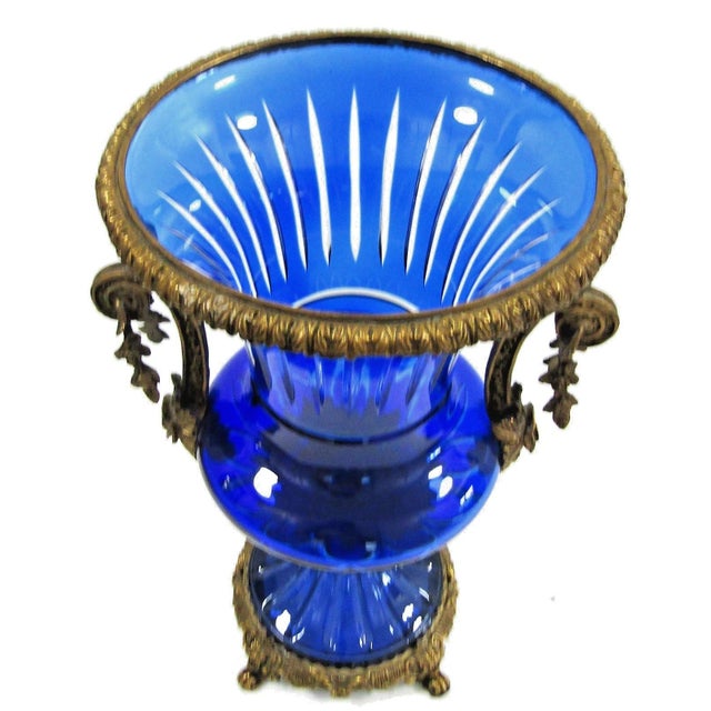 Pair Antique Cobalt Blue Glass Vases With Ornate Bronze Rim, Handles and Mount For Sale - Image 4 of 18